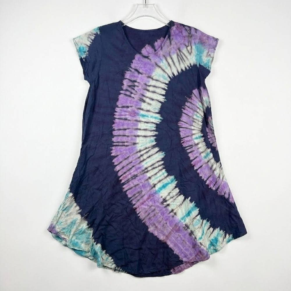 Flowy Tie Dye Rayon Short Sleeve Dress Women Blue Purple Small